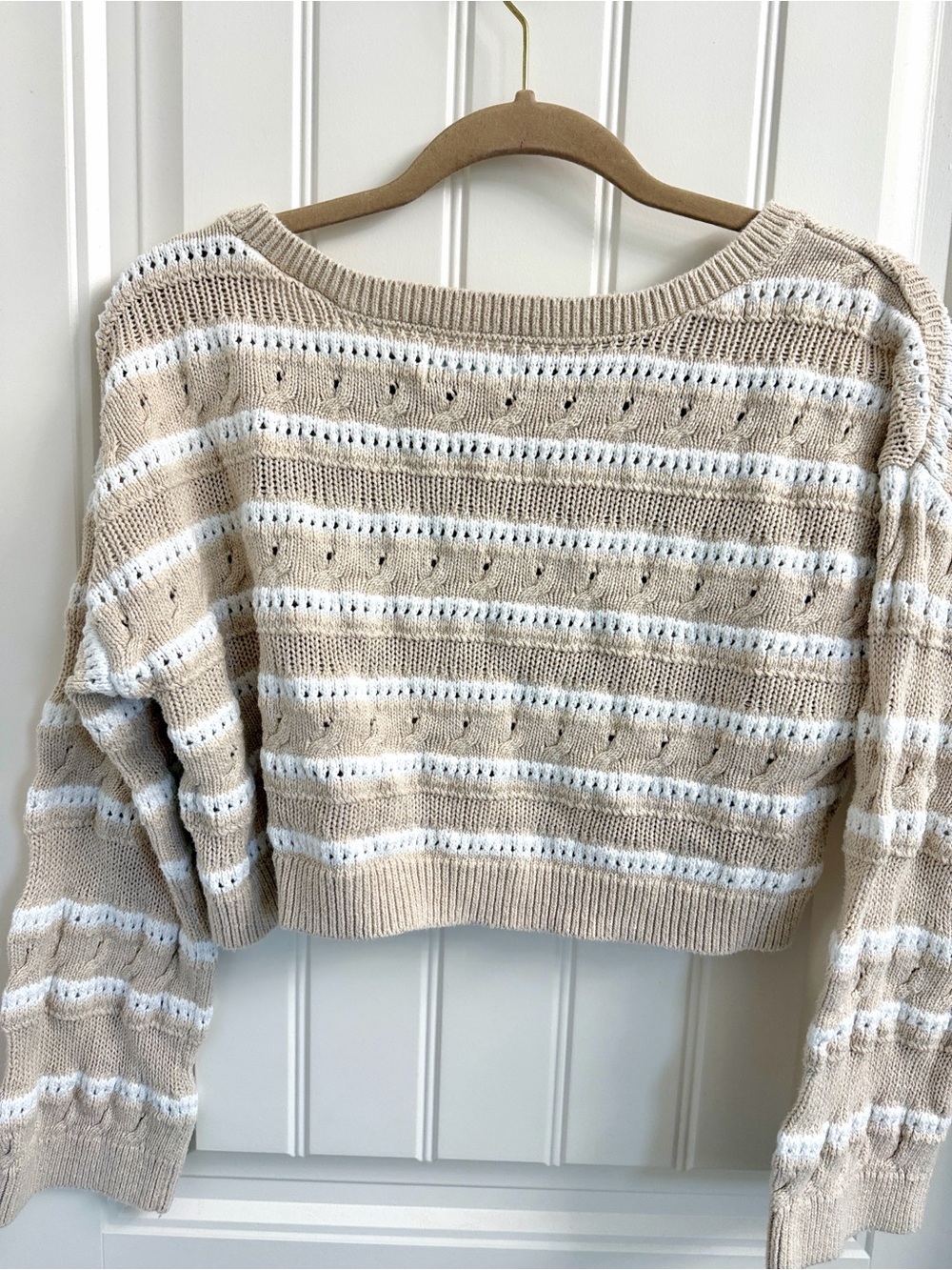 Hollister Beige and White Striped Open-Knit Crewneck Sweater